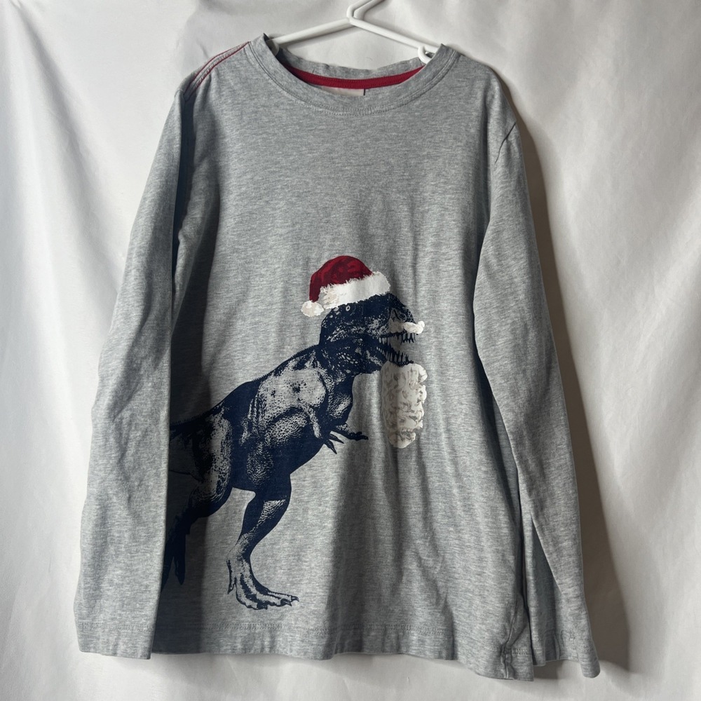Hanna Anderson 140 (10) Boys Christmas Shirt‎ T-Rex Dinosaur Santa Hat Gray